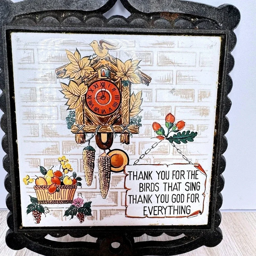 Vintage Cast‎ Iron Trivet Wall Hanging Tile Thank You For Everything Birds